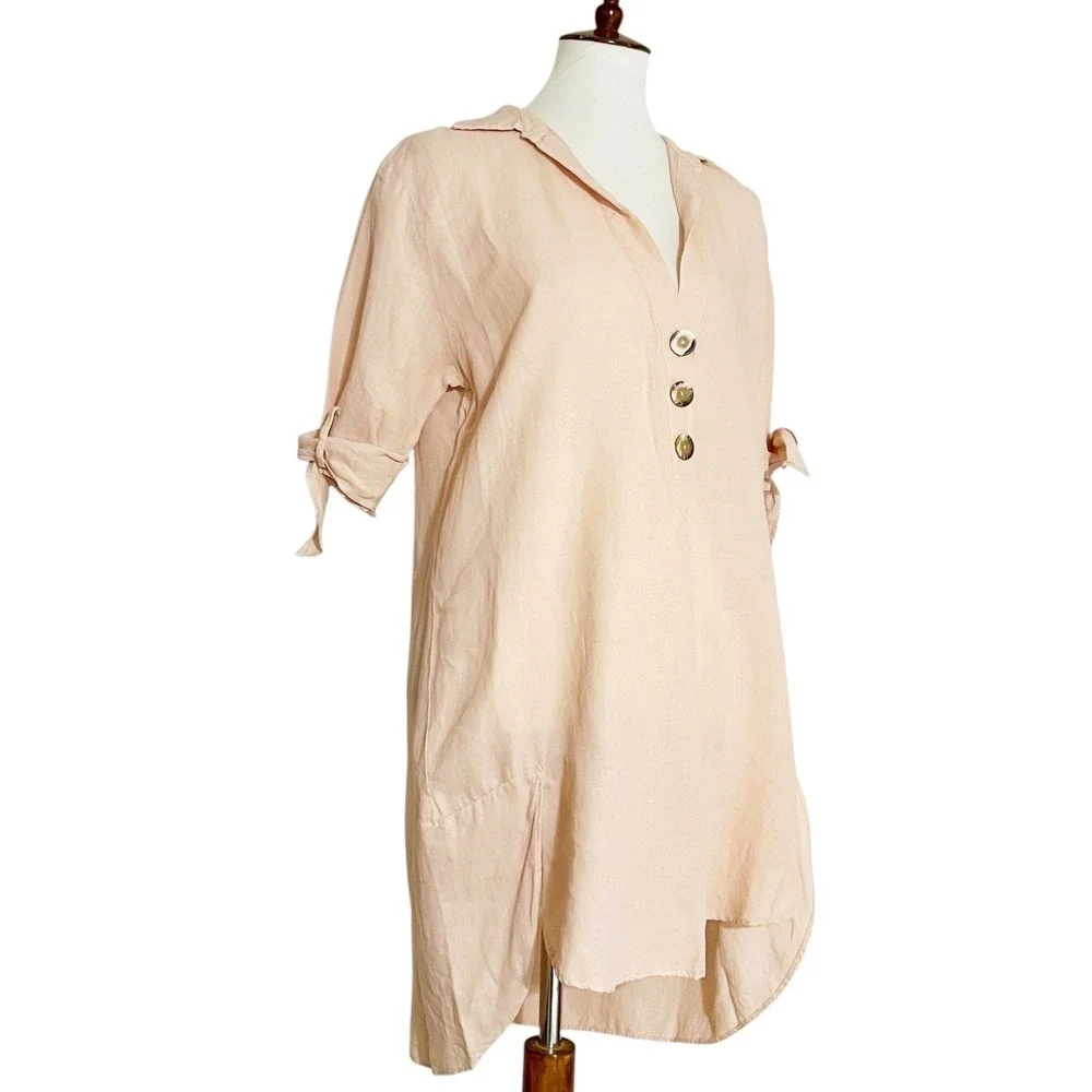 Zara Basic Womens Medium Linen Blend Button Down Tie Sleeve Tunic Dress